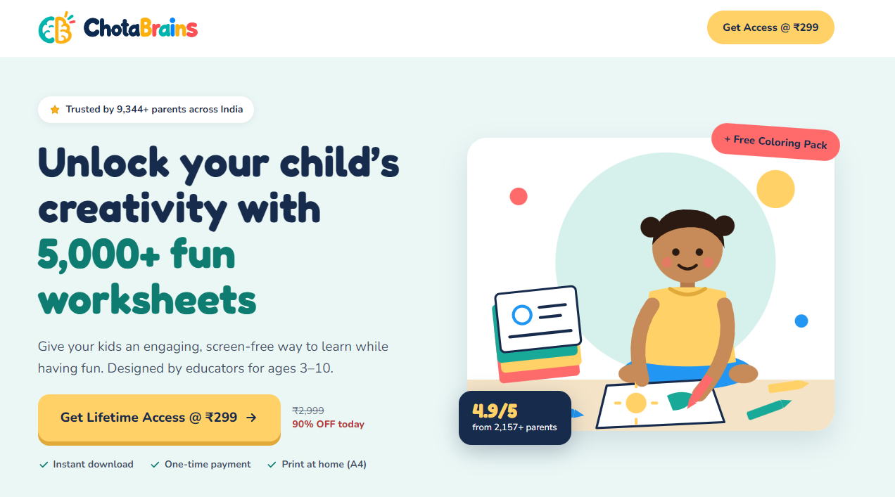 Chota Brains homepage: 5,000+ fun printable worksheets for kids