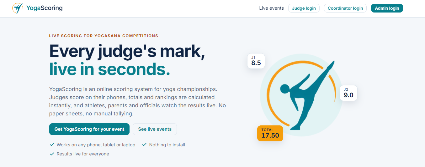 YogaScoring homepage: live scoring for yogasana competitions